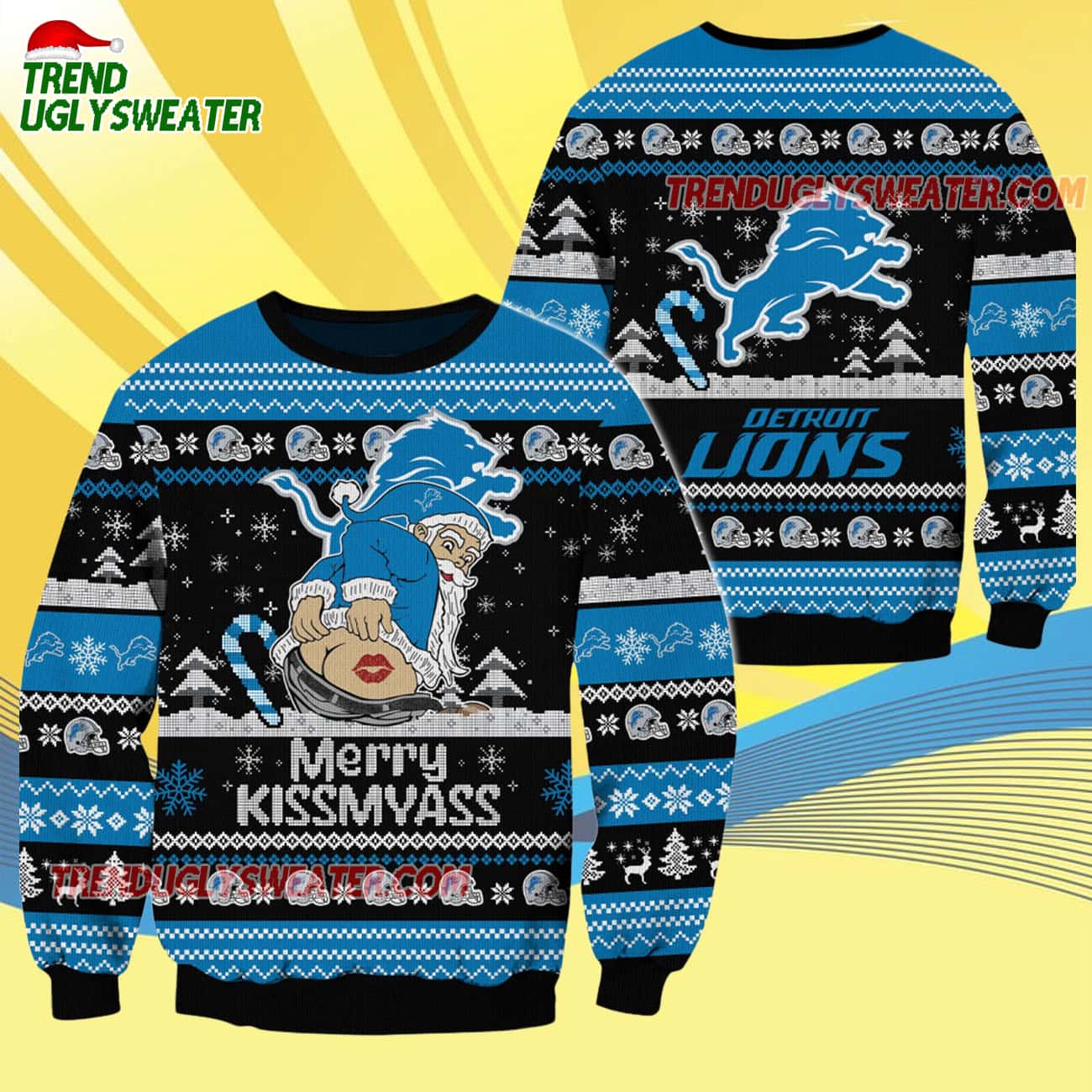 Detroit Lions Merrykissmyass Funny Santa Claus Christmas Ugly Sweater Detroit Lions Merrykissmyass Funny Santa Claus Christmas Ugly Sweater