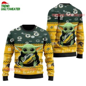 Green Bay Packers Baby Yoda Hug The Ball Christmas Ugly Sweater 1