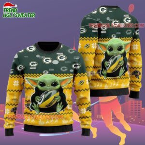 Green Bay Packers Baby Yoda Hug The Ball Christmas Ugly Sweater 2