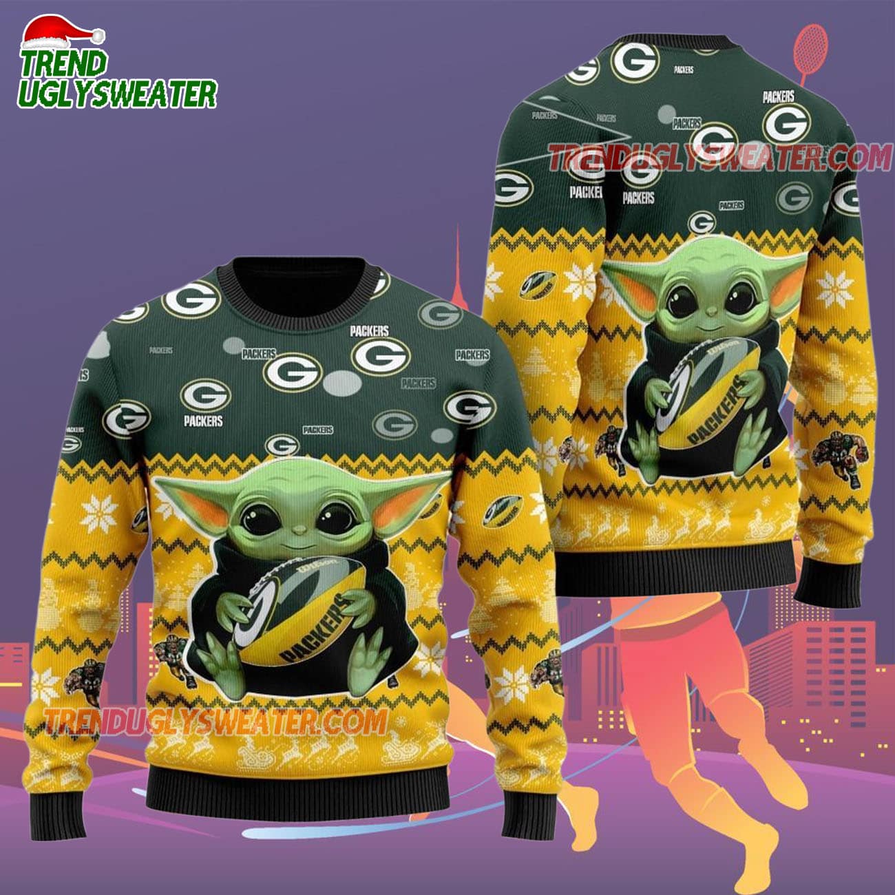 Green Bay Packers Baby Yoda Hug The Ball Christmas Ugly Sweater Green Bay Packers Baby Yoda Hug The Ball Christmas Ugly Sweater