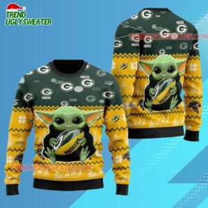 Green Bay Packers Baby Yoda Hug The Ball Christmas Ugly Sweater 3