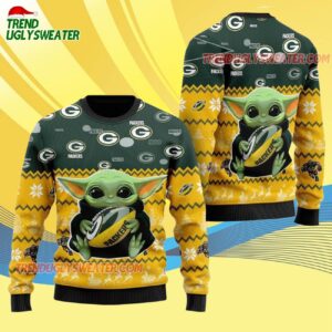 Green Bay Packers Baby Yoda Hug The Ball Christmas Ugly Sweater 4