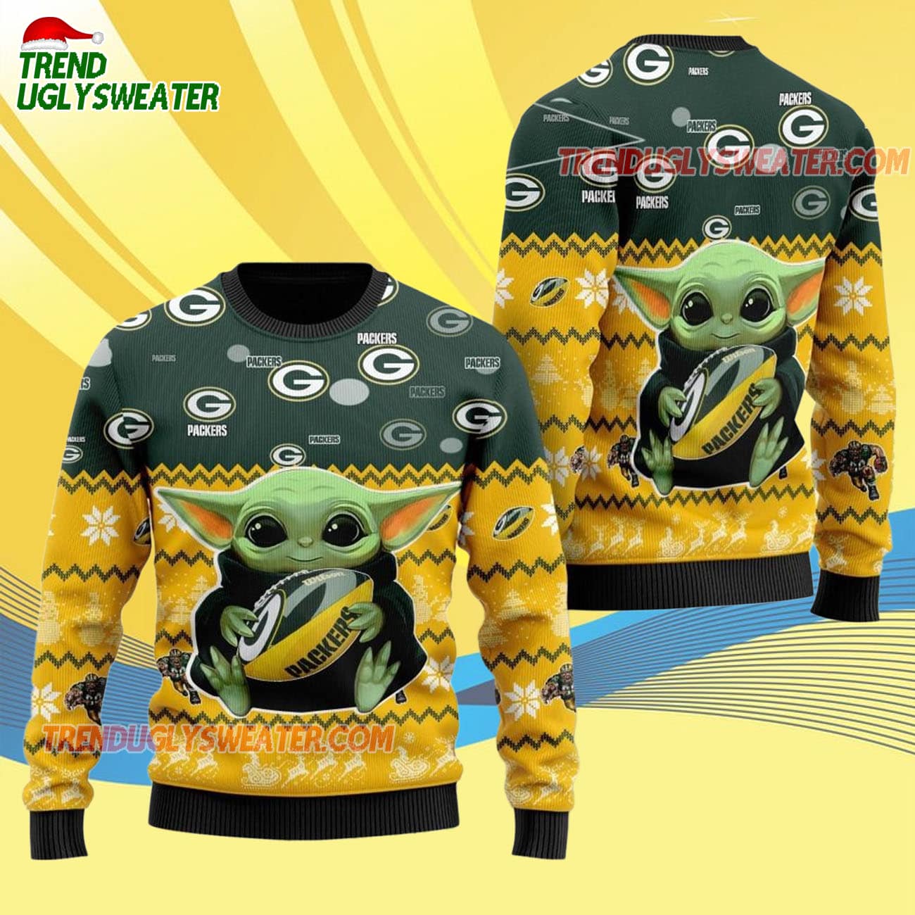 Green Bay Packers Baby Yoda Hug The Ball Christmas Ugly Sweater Green Bay Packers Baby Yoda Hug The Ball Christmas Ugly Sweater