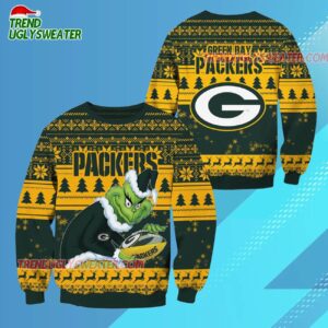 Green Bay Packers Football Grinch Christmas Ugly Sweater 3