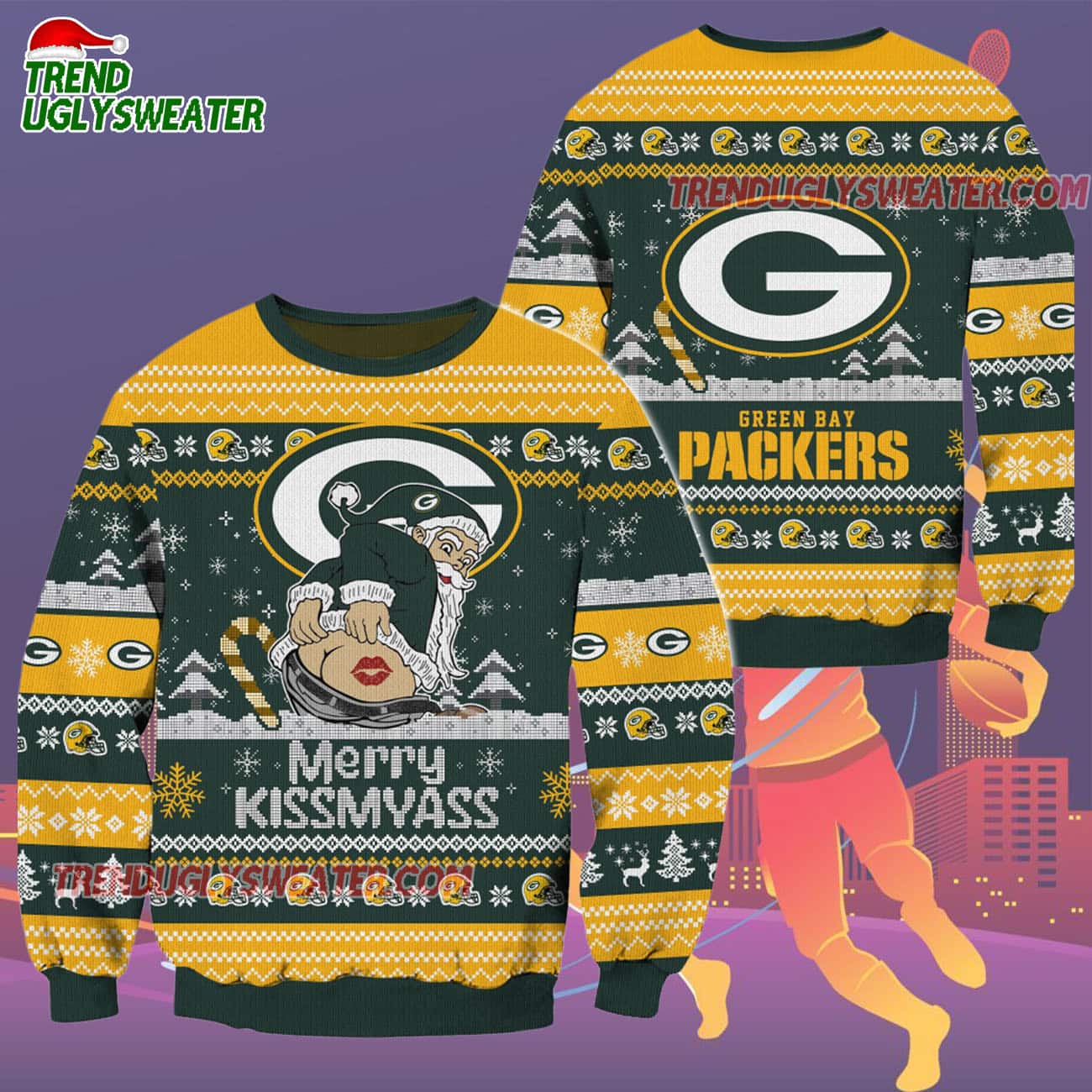 Green Bay Packers Merrykissmyass Funny Santa Claus Christmas Ugly Sweater Green Bay Packers Merrykissmyass Funny Santa Claus Christmas Ugly Sweater