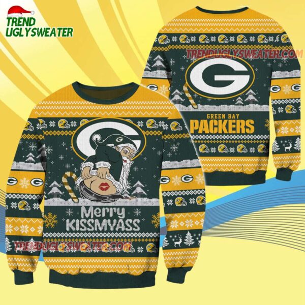 Green Bay Packers Merrykissmyass Funny Santa Claus Christmas Ugly Sweater 4