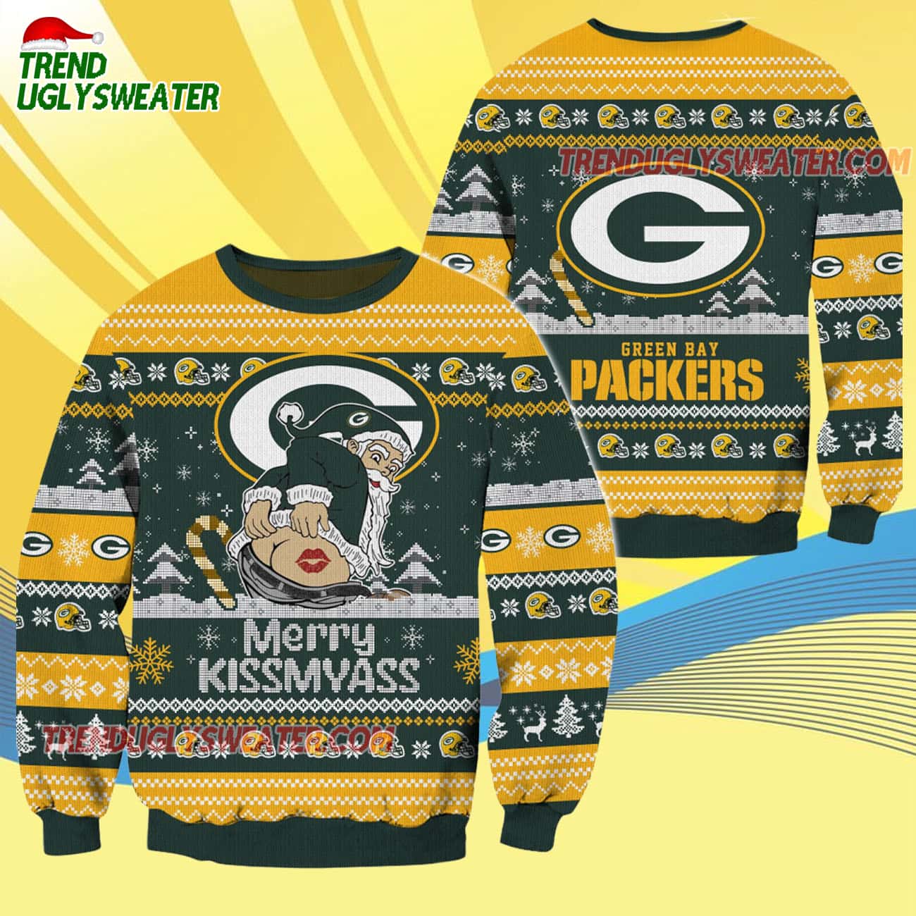 Green Bay Packers Merrykissmyass Funny Santa Claus Christmas Ugly Sweater Green Bay Packers Merrykissmyass Funny Santa Claus Christmas Ugly Sweater
