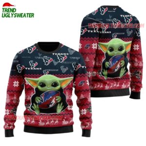 Houston Texans Baby Yoda Hug The Ball Christmas Ugly Sweater 1