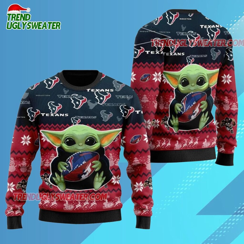 Houston Texans Baby Yoda Hug The Ball Christmas Ugly Sweater 3