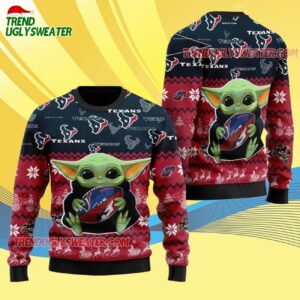 Houston Texans Baby Yoda Hug The Ball Christmas Ugly Sweater 4