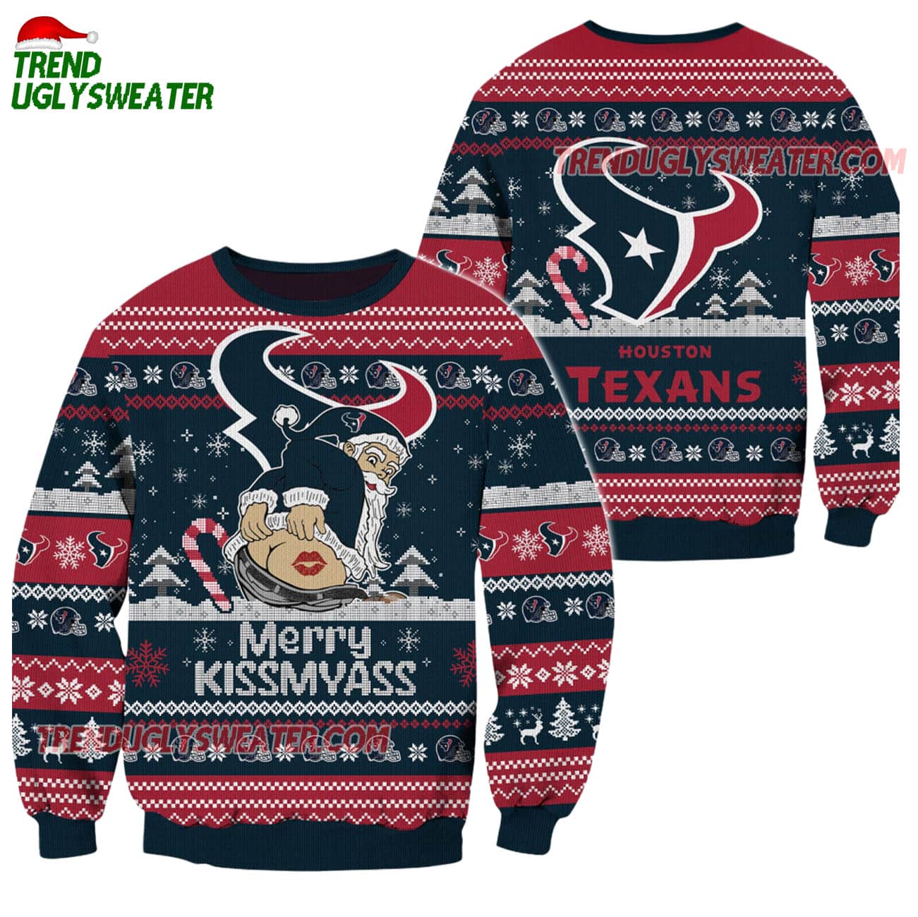 Houston Texans Merrykissmyass Funny Santa Claus Christmas Ugly Sweater Houston Texans Merrykissmyass Funny Santa Claus Christmas Ugly Sweater