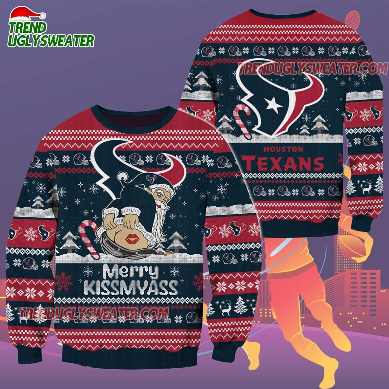 Houston Texans Merrykissmyass Funny Santa Claus Christmas Ugly Sweater Houston Texans Merrykissmyass Funny Santa Claus Christmas Ugly Sweater