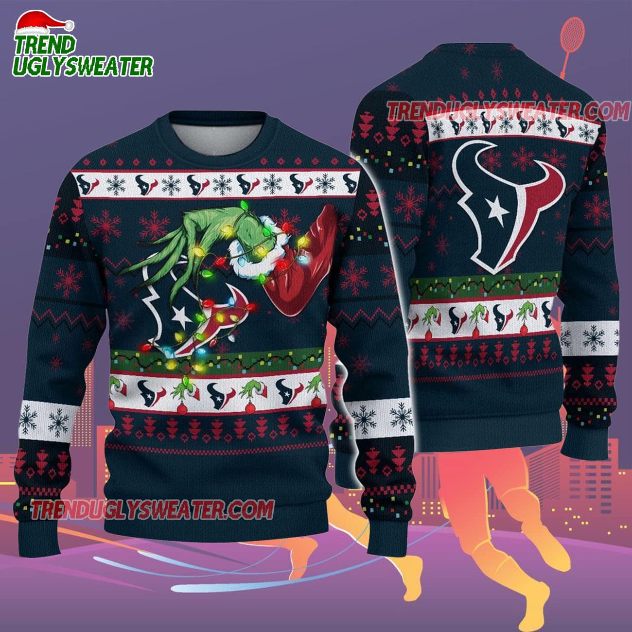 Houston Texans Special Grinchs Hand Football Christmas Ugly Sweater Houston Texans Special Grinchs Hand Football Christmas Ugly Sweater