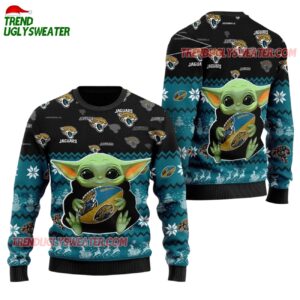 Jacksonville Jaguars Baby Yoda Hug The Ball Christmas Ugly Sweater 1