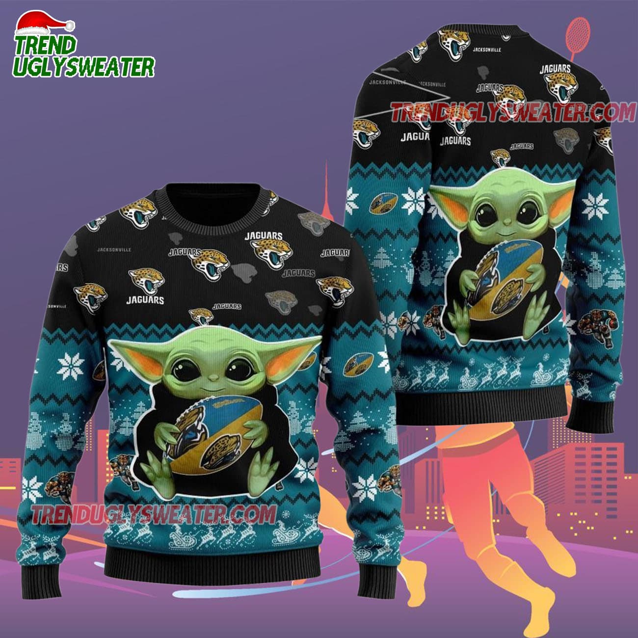 Jacksonville Jaguars Baby Yoda Hug The Ball Christmas Ugly Sweater Jacksonville Jaguars Baby Yoda Hug The Ball Christmas Ugly Sweater