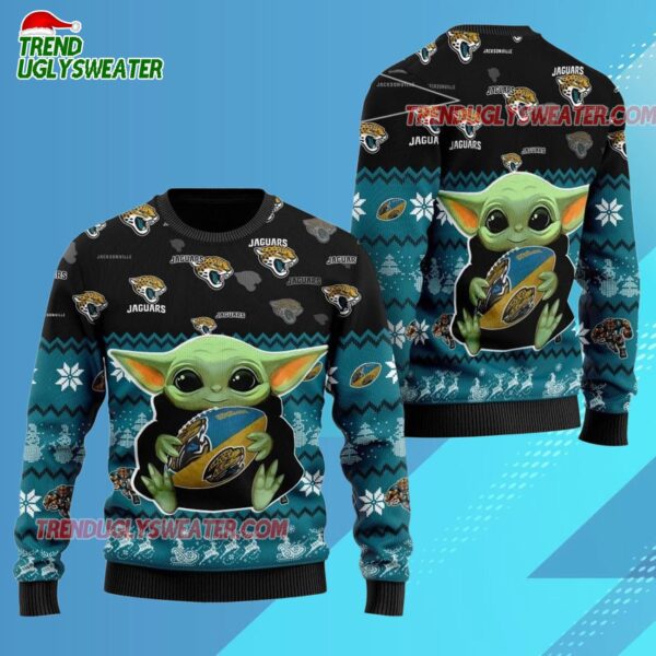 Jacksonville Jaguars Baby Yoda Hug The Ball Christmas Ugly Sweater 3