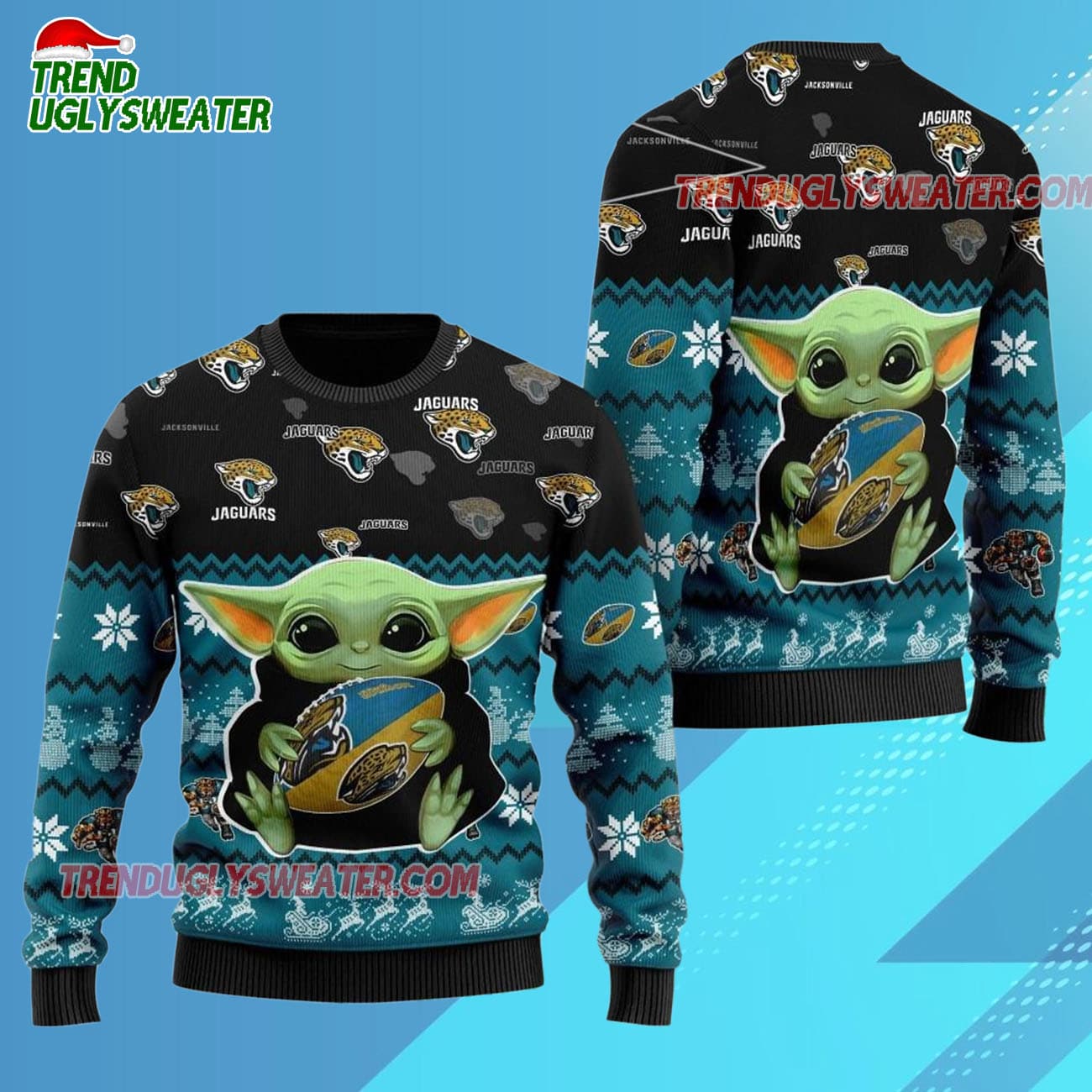 Jacksonville Jaguars Baby Yoda Hug The Ball Christmas Ugly Sweater Jacksonville Jaguars Baby Yoda Hug The Ball Christmas Ugly Sweater