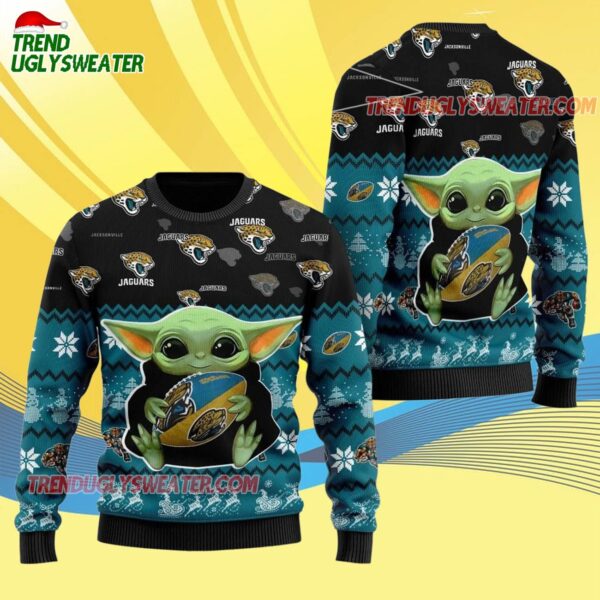 Jacksonville Jaguars Baby Yoda Hug The Ball Christmas Ugly Sweater 4