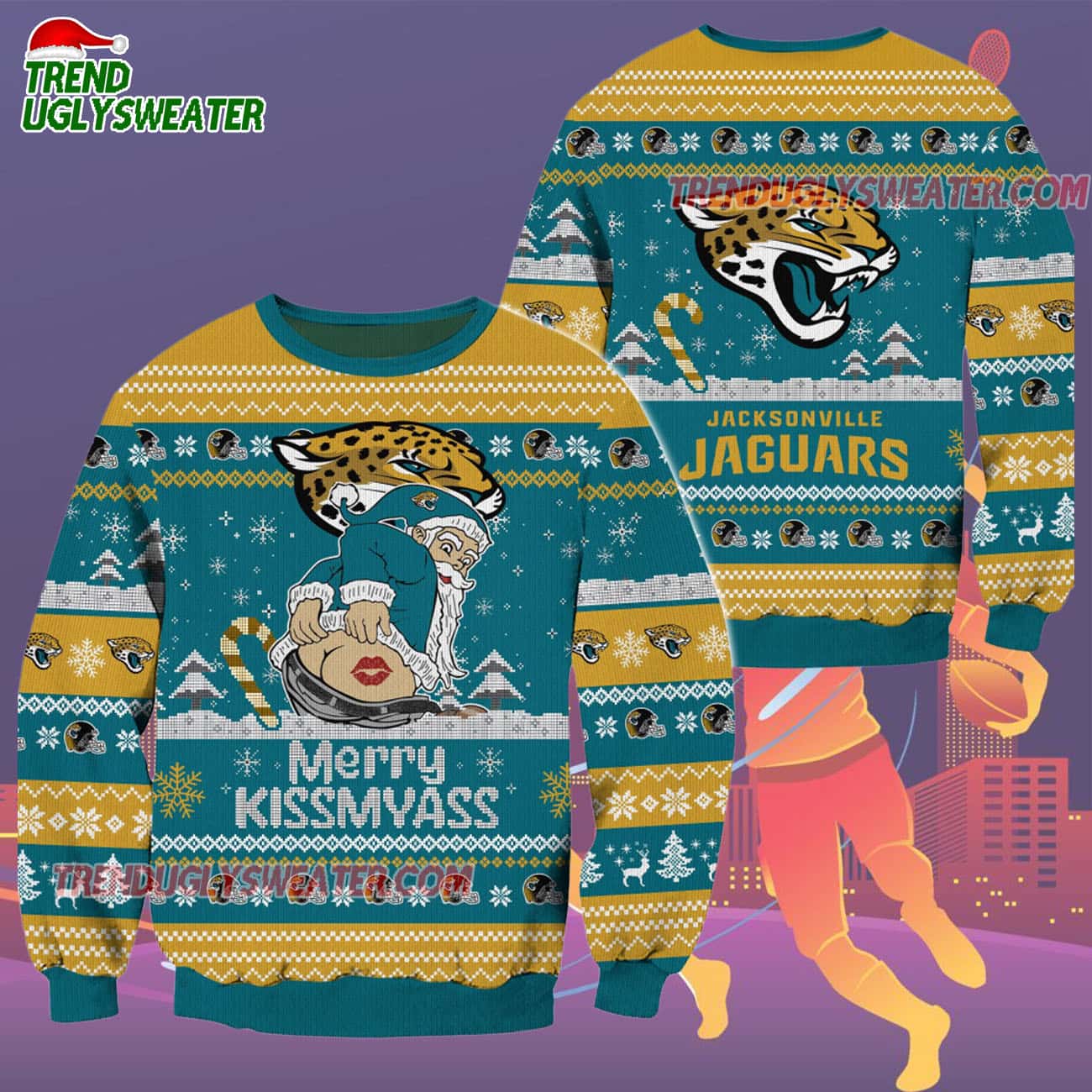 Jacksonville Jaguars Merrykissmyass Funny Santa Claus Christmas Ugly Sweater Jacksonville Jaguars Merrykissmyass Funny Santa Claus Christmas Ugly Sweater