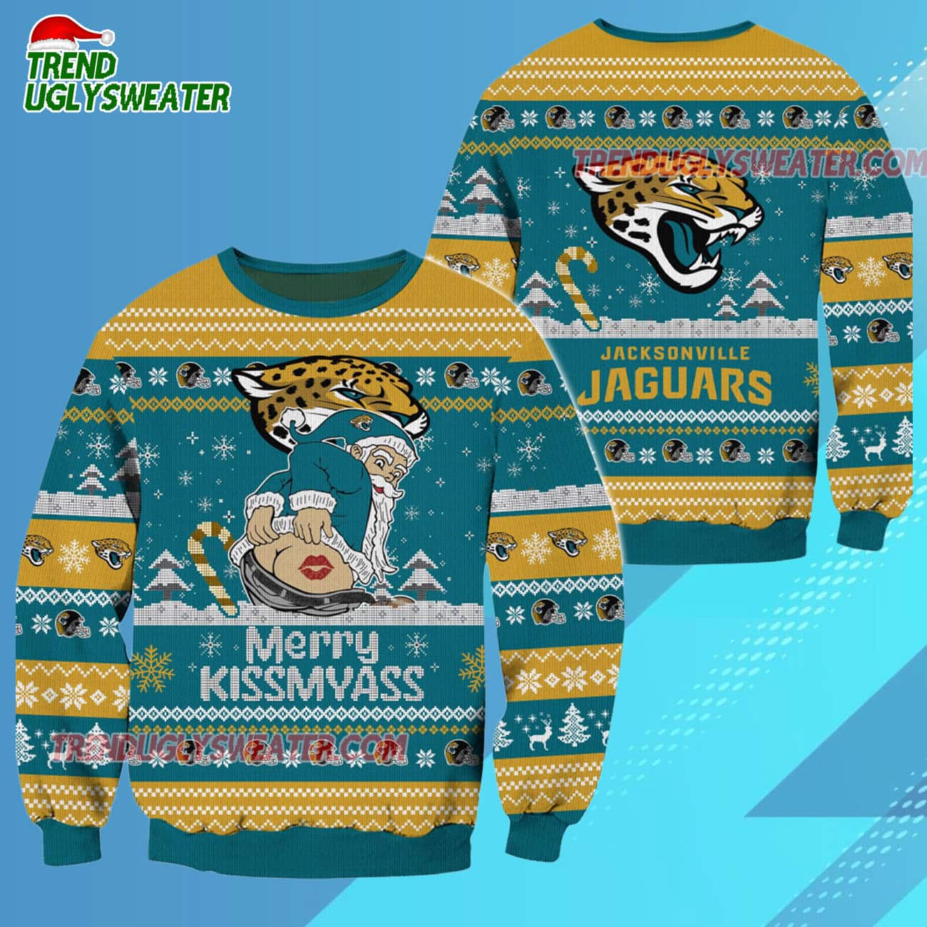 Jacksonville Jaguars Merrykissmyass Funny Santa Claus Christmas Ugly Sweater Jacksonville Jaguars Merrykissmyass Funny Santa Claus Christmas Ugly Sweater