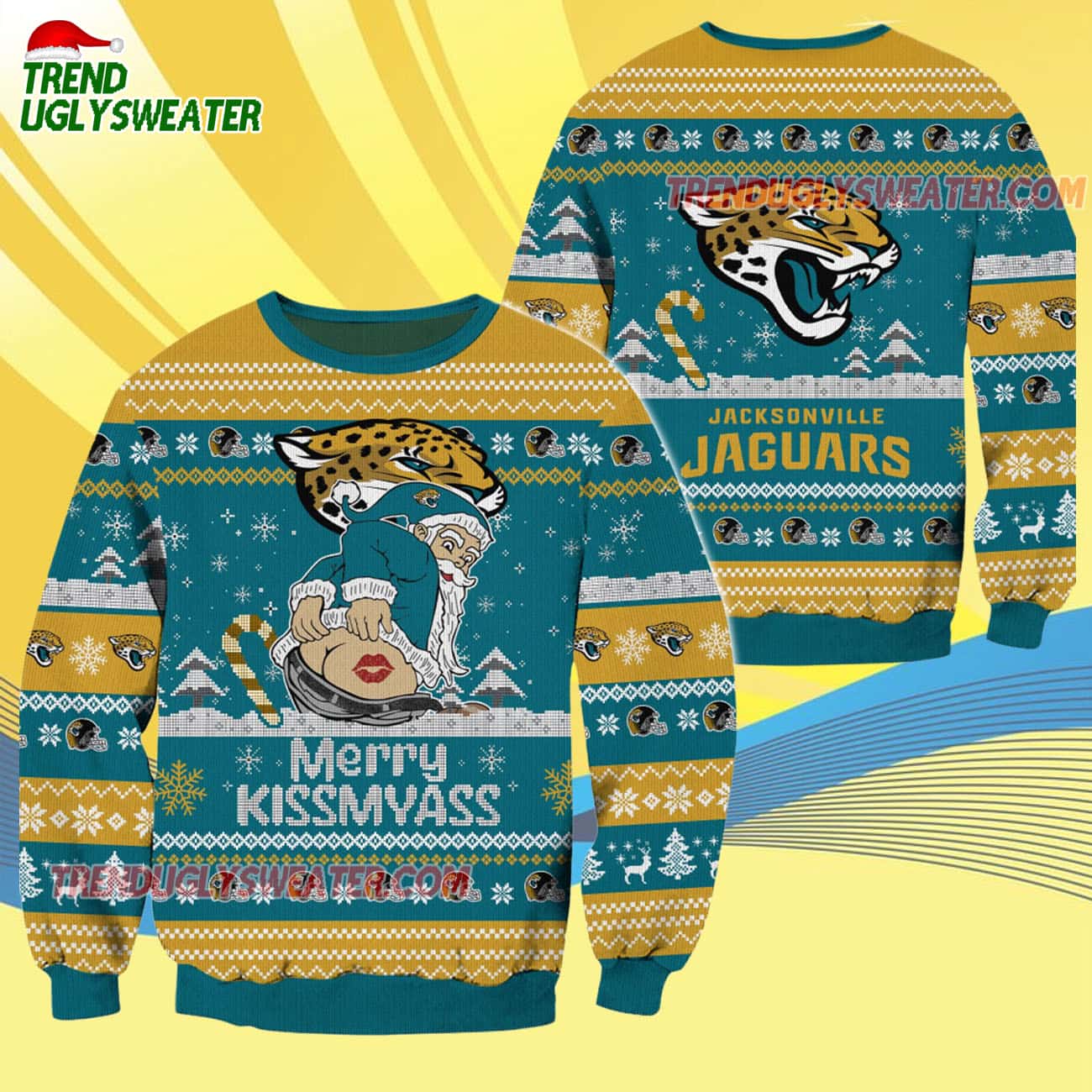 Jacksonville Jaguars Merrykissmyass Funny Santa Claus Christmas Ugly Sweater Jacksonville Jaguars Merrykissmyass Funny Santa Claus Christmas Ugly Sweater