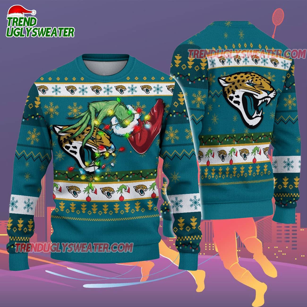 Jacksonville Jaguars Special Grinchs Hand Football Christmas Ugly Sweater Jacksonville Jaguars Special Grinchs Hand Football Christmas Ugly Sweater
