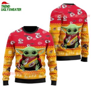 Kansas City Chiefs Baby Yoda Hug The Ball Christmas Ugly Sweater 1