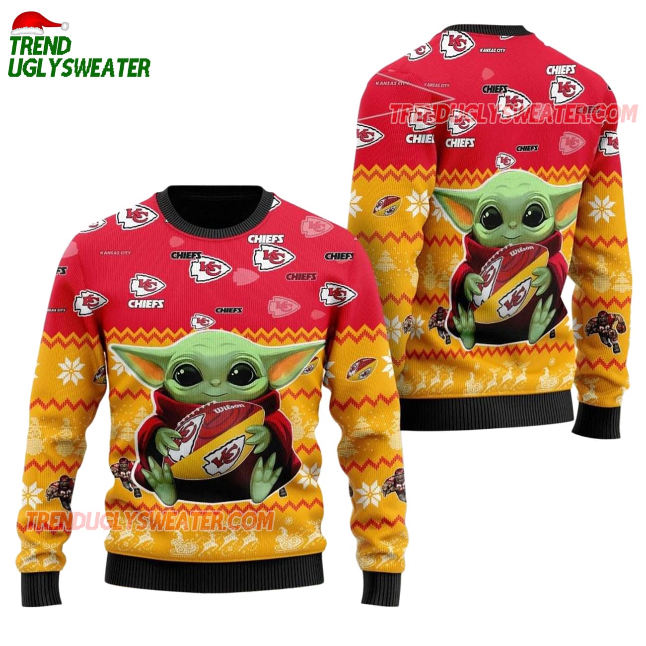 Kansas City Chiefs Baby Yoda Hug The Ball Christmas Ugly Sweater Kansas City Chiefs Baby Yoda Hug The Ball Christmas Ugly Sweater