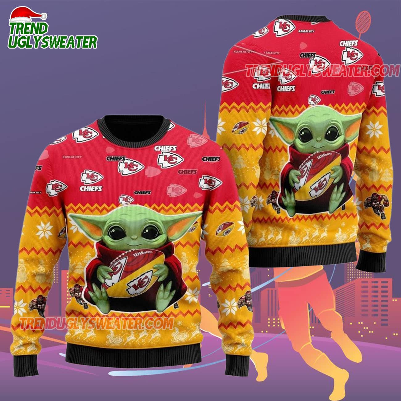 Kansas City Chiefs Baby Yoda Hug The Ball Christmas Ugly Sweater Kansas City Chiefs Baby Yoda Hug The Ball Christmas Ugly Sweater