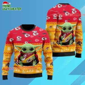 Kansas City Chiefs Baby Yoda Hug The Ball Christmas Ugly Sweater 2 Kansas City Chiefs Baby Yoda Hug The Ball Christmas Ugly Sweater 3