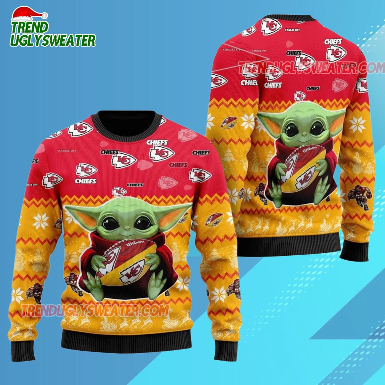 Kansas City Chiefs Baby Yoda Hug The Ball Christmas Ugly Sweater Kansas City Chiefs Baby Yoda Hug The Ball Christmas Ugly Sweater