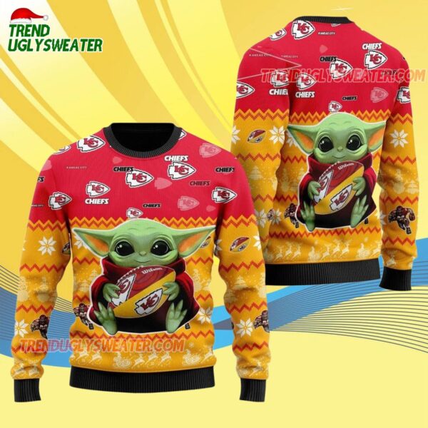 Kansas City Chiefs Baby Yoda Hug The Ball Christmas Ugly Sweater 4