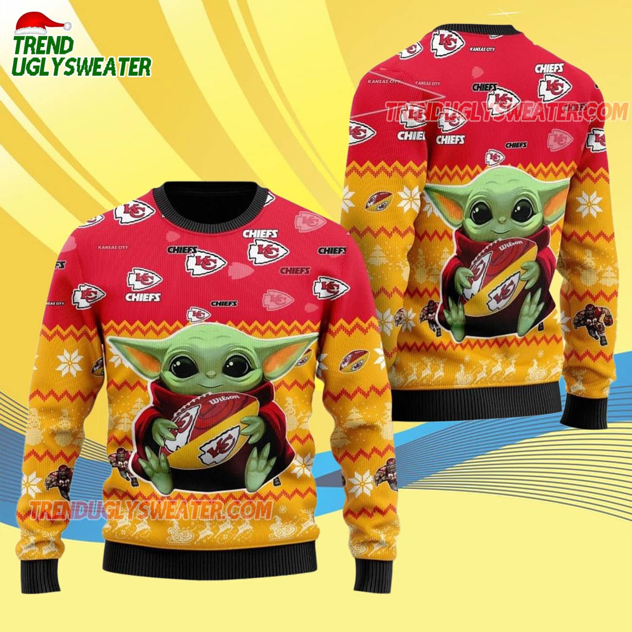 Kansas City Chiefs Baby Yoda Hug The Ball Christmas Ugly Sweater Kansas City Chiefs Baby Yoda Hug The Ball Christmas Ugly Sweater