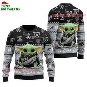 Las Vegas Raiders Baby Yoda Hug The Ball Christmas Ugly Sweater 1