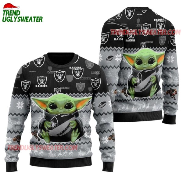 Las Vegas Raiders Baby Yoda Hug The Ball Christmas Ugly Sweater 1