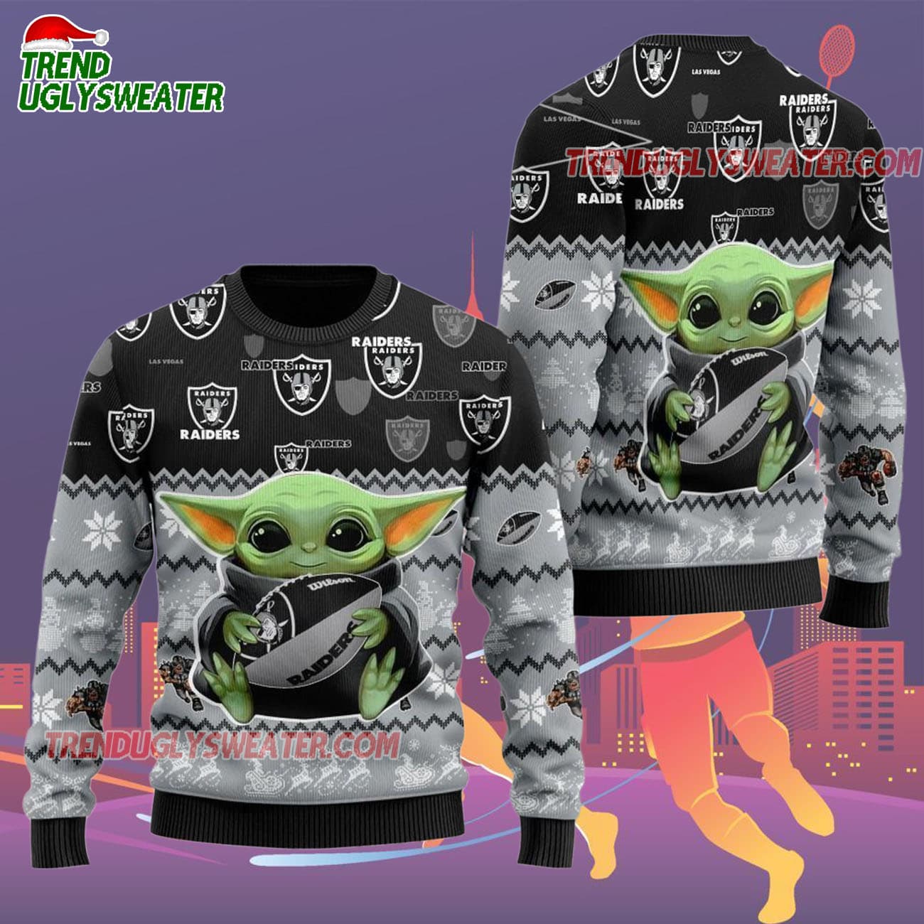 Las Vegas Raiders Baby Yoda Hug The Ball Christmas Ugly Sweater Las Vegas Raiders Baby Yoda Hug The Ball Christmas Ugly Sweater