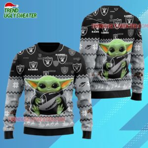 Las Vegas Raiders Baby Yoda Hug The Ball Christmas Ugly Sweater 3