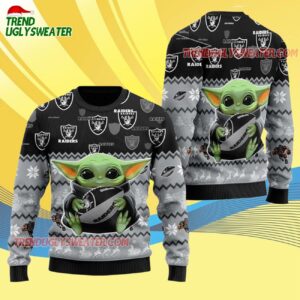 Las Vegas Raiders Baby Yoda Hug The Ball Christmas Ugly Sweater 4