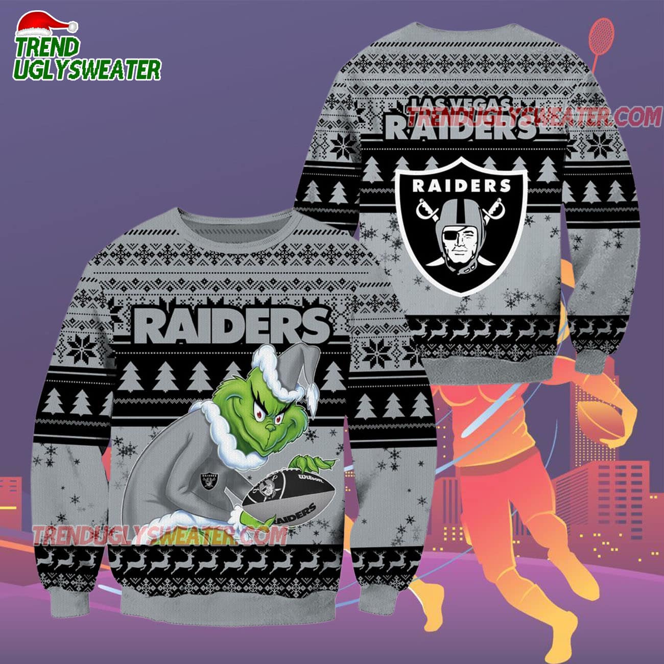 Las Vegas Raiders Football Grinch Christmas Ugly Sweater Las Vegas Raiders Football Grinch Christmas Ugly Sweater