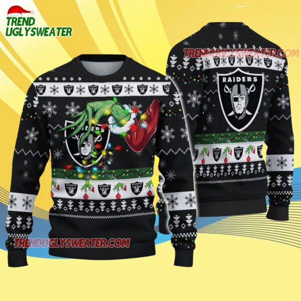 Las Vegas Raiders Special Grinchs Hand Football Christmas Ugly Sweater 4