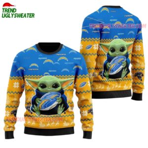 Los Angeles Chargers Baby Yoda Hug The Ball Christmas Ugly Sweater 1