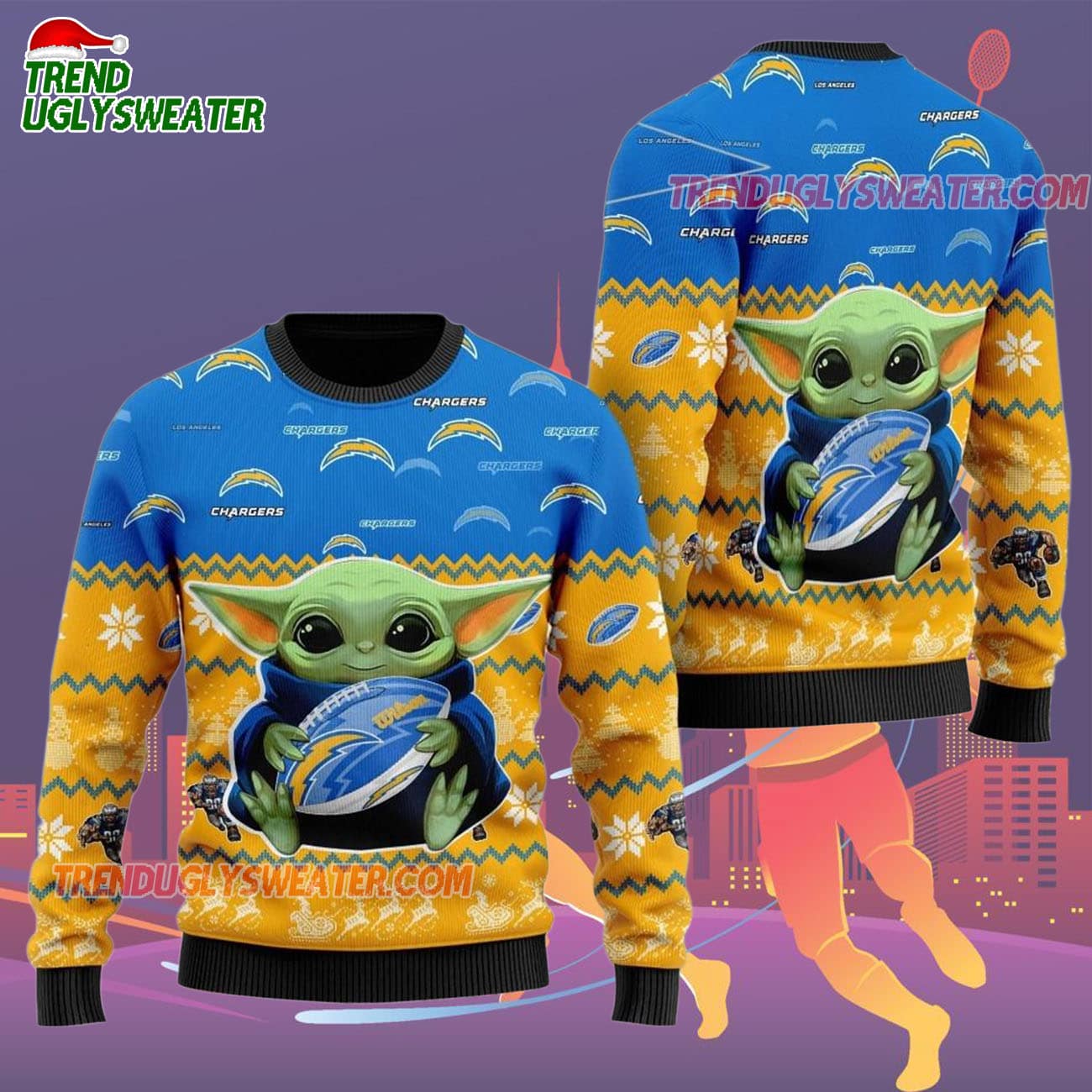 Los Angeles Chargers Baby Yoda Hug The Ball Christmas Ugly Sweater Los Angeles Chargers Baby Yoda Hug The Ball Christmas Ugly Sweater