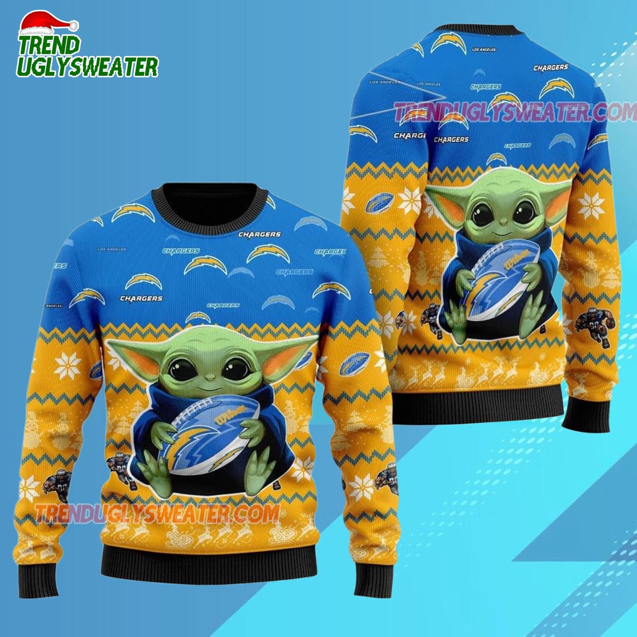 Los Angeles Chargers Baby Yoda Hug The Ball Christmas Ugly Sweater Los Angeles Chargers Baby Yoda Hug The Ball Christmas Ugly Sweater