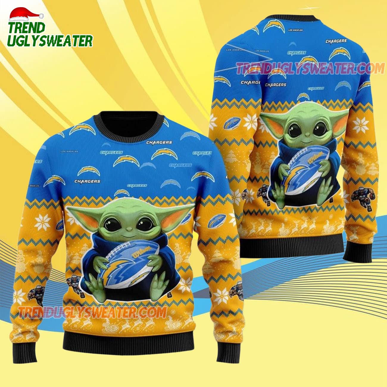Los Angeles Chargers Baby Yoda Hug The Ball Christmas Ugly Sweater Los Angeles Chargers Baby Yoda Hug The Ball Christmas Ugly Sweater