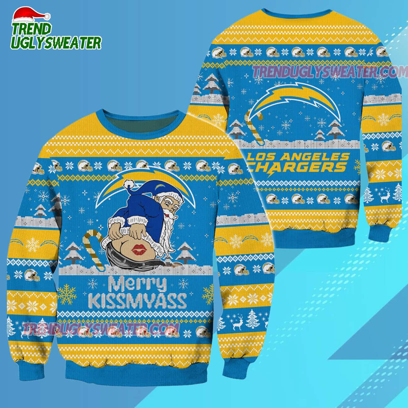 Los Angeles Chargers Merrykissmyass Funny Santa Claus Christmas Ugly Sweater Los Angeles Chargers Merrykissmyass Funny Santa Claus Christmas Ugly Sweater