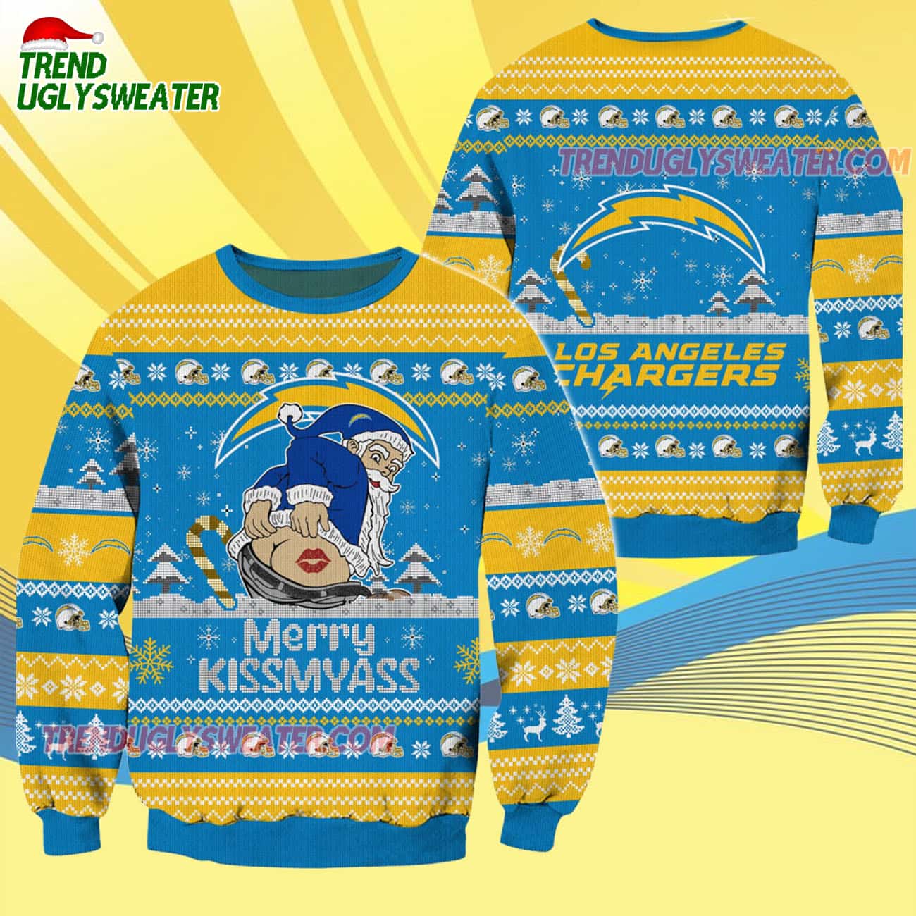 Los Angeles Chargers Merrykissmyass Funny Santa Claus Christmas Ugly Sweater Los Angeles Chargers Merrykissmyass Funny Santa Claus Christmas Ugly Sweater