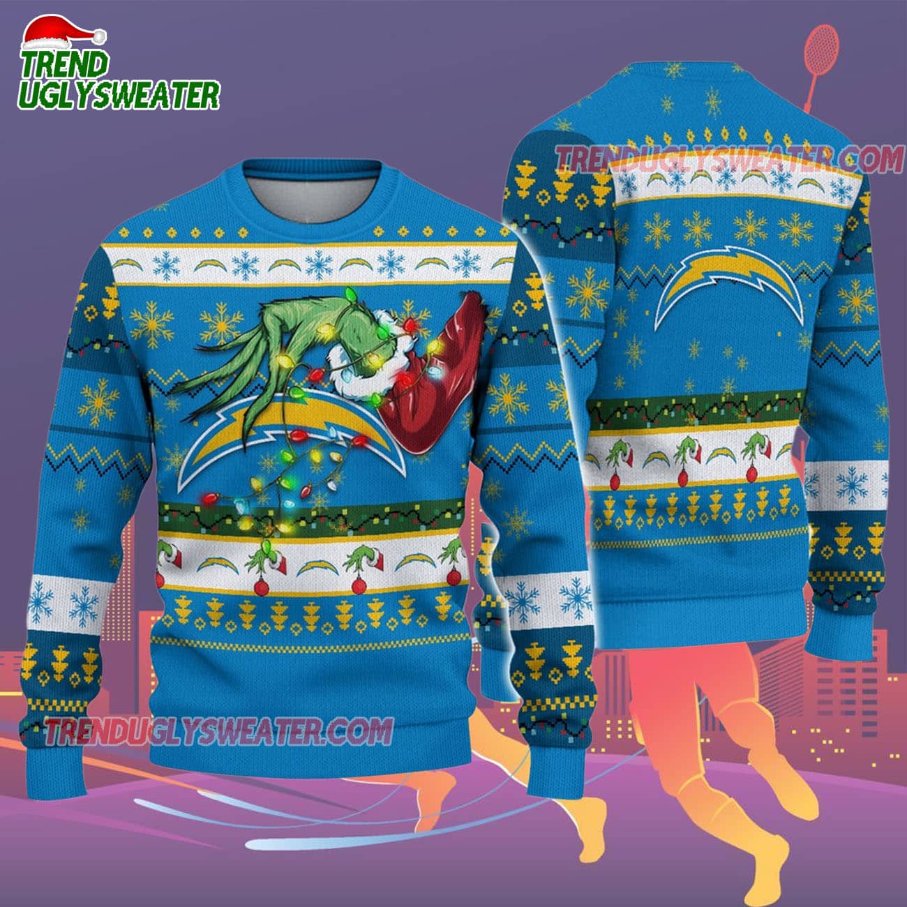 Los Angeles Chargers Special Grinchs Hand Football Christmas Ugly Sweater Los Angeles Chargers Special Grinchs Hand Football Christmas Ugly Sweater