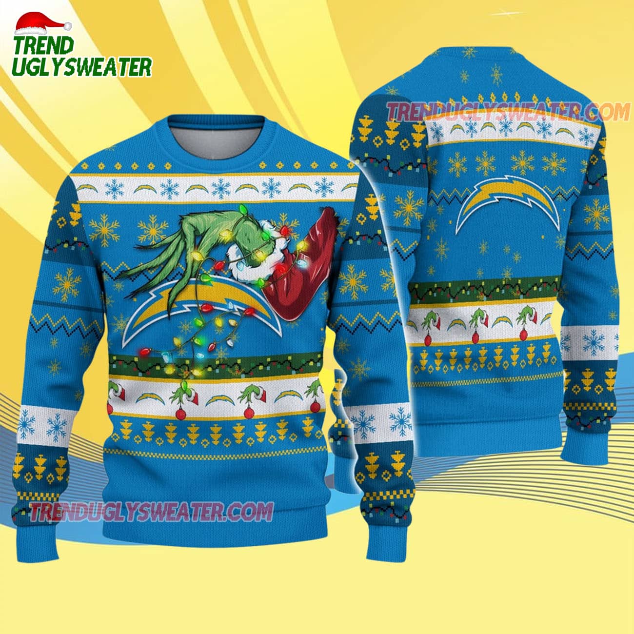 Los Angeles Chargers Special Grinchs Hand Football Christmas Ugly Sweater Los Angeles Chargers Special Grinchs Hand Football Christmas Ugly Sweater