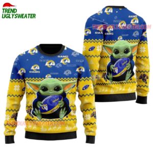 Los Angeles Rams Baby Yoda Hug The Ball Christmas Ugly Sweater 1