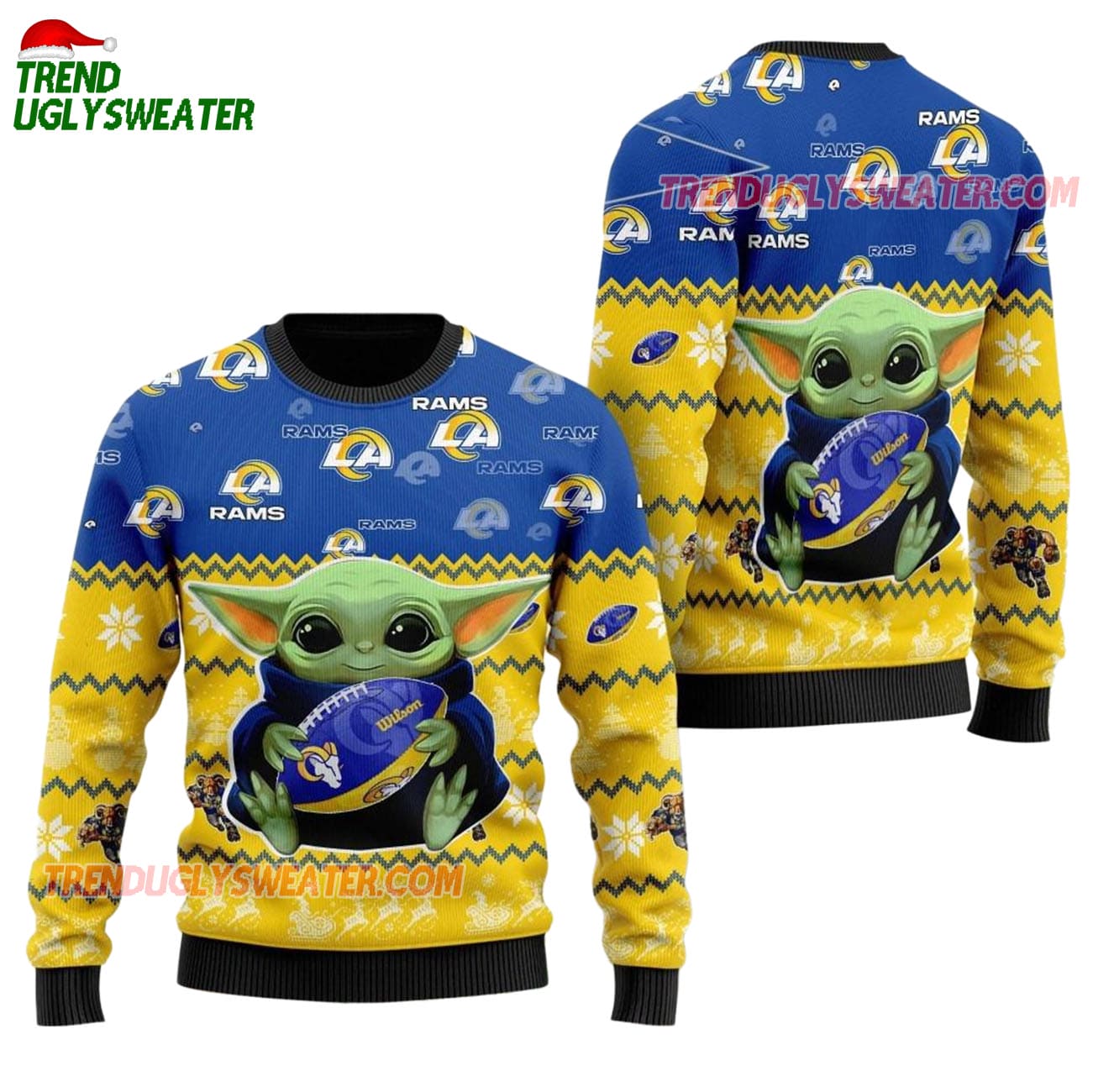 Los Angeles Rams Baby Yoda Hug The Ball Christmas Ugly Sweater Los Angeles Rams Baby Yoda Hug The Ball Christmas Ugly Sweater